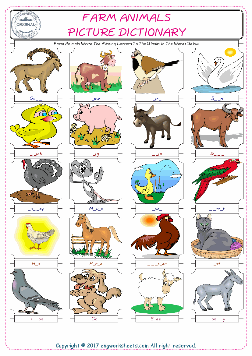  Farm Animals Words English worksheets For kids, the ESL Worksheet for finding and typing the missing letters of Farm Animals Words 